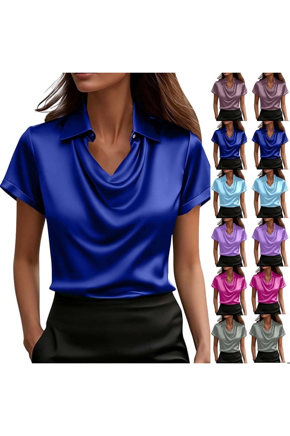 Women's Satin Silk Blouse Cowl Neck Ruched Front Draped Tshirt Long Sleeve Work Office Shirt Dressy Shirt for Women 2026 Army Green,S