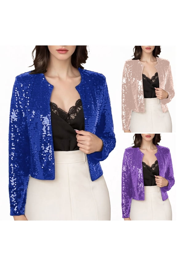 Women's Sequin Jacket Long Sleeve Open Front Sparkly Glitter Blazer Party Disco Cropped Bolero Cardigans Jackets Purple,M