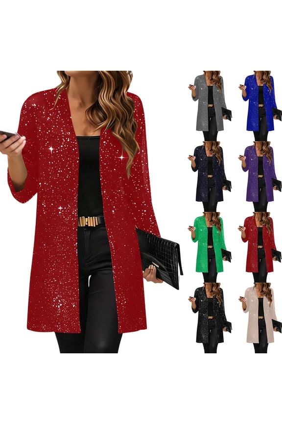 Women's Sequin Jacket Sparkly Blazer Open Front Glitter Cardigan Fashion Long Sleeve Coat for Casual Party Cocktail Black,XXL