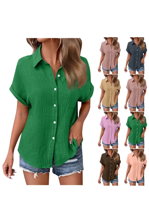 Women's Short Sleeve Gauze Tops Button Down Dress Shirt Solid Color V Neck Collared Blouses Loose Fit Trendy Work Office Shirts Purple,S