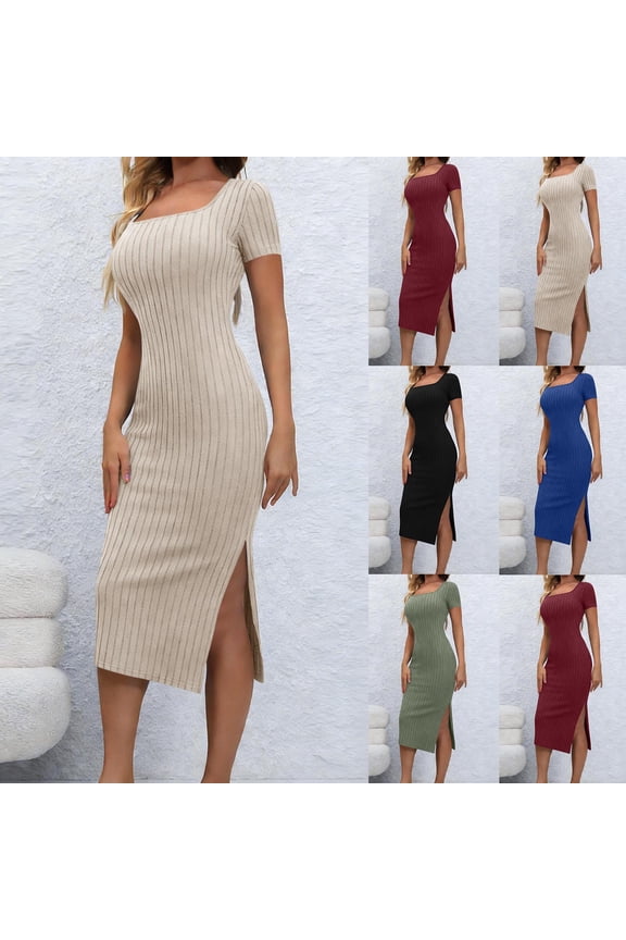 Women's Summer Casual Midi Dresses Square Neck Short Sleeve Bodycon Dress Beach Travel Ribbed Knit Side Split Long Dress Khaki,XS