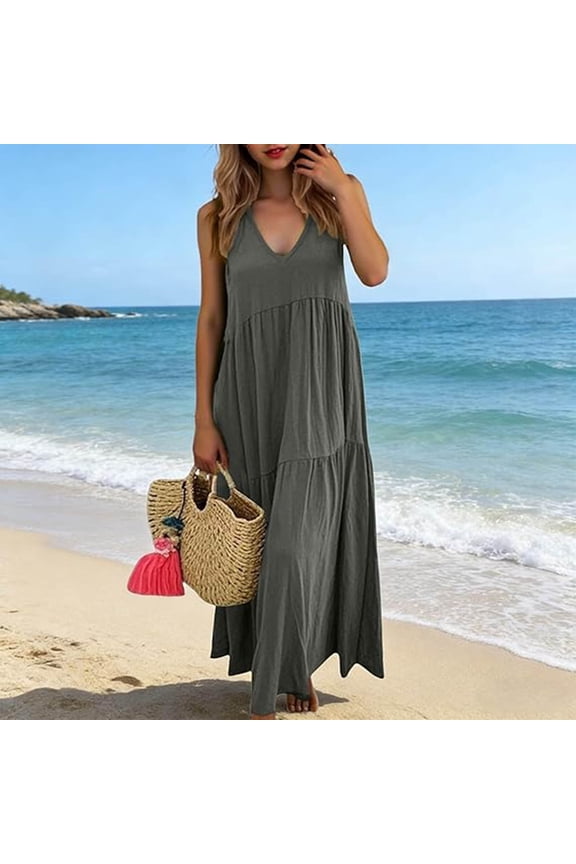 Womens 2026 Summer Casual Maxi Dress A Line Tiered Flowy Sleeveless Sundress V Neck Beach Travel Long Dresses with Pockets Gray,S