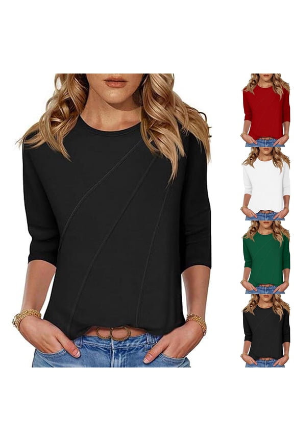 Womens 3/4 Sleeve Tunic Tops Plus Size Crew Neck Shirt Dressy Casual Summer Shirts 2026 Cozy Solid Color Tee Shirts Black,L
