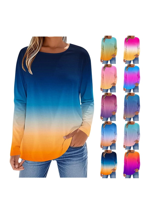 Womens Long Sleeve Tunic Tops Summer Crewneck Tie Dye Tee Shirts Casual Hide Belly Blouse Loose Fit Work Tshirts Hot Pink,S