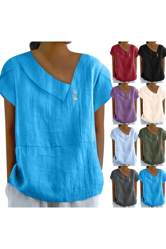 Womens Petal Sleeve Summer Tops Short Sleeve Asymmetrical V Neck Button Blouses Cotton Linen Dressy Casual Tunic Tops Blue,XL