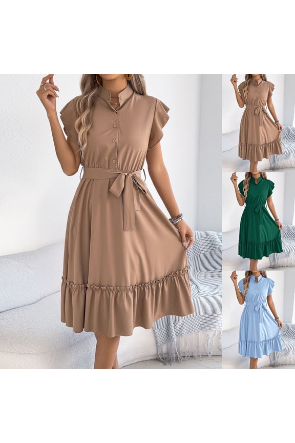 Womens Short Sleeve Button Dresses with Belt Elegant Business Casual Midi Dress Ruffled Evening Party Wedding Guest Dress Blue,M