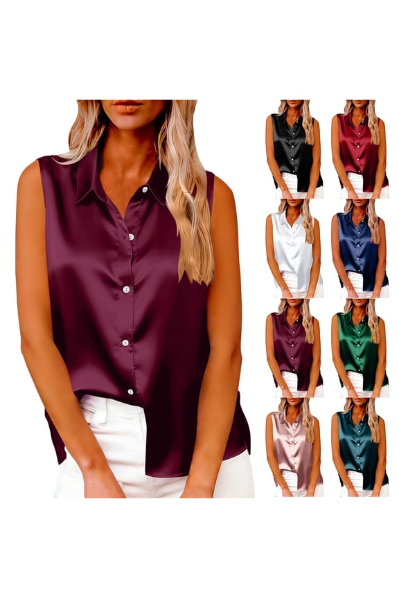 Womens Silk Satin Sleeveless Shirts Casual Button Down Tshirt Loose Fit V Neck Tank Tops for Work Office Navy,L