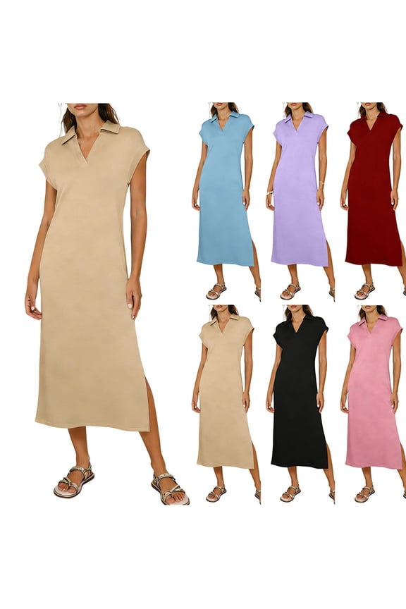 Womens Summer Casual Maxi Dresses Short Sleeve V Neck Collared Loose Long Dress Side Split Beach Vacation Tshirt Dress Black,S