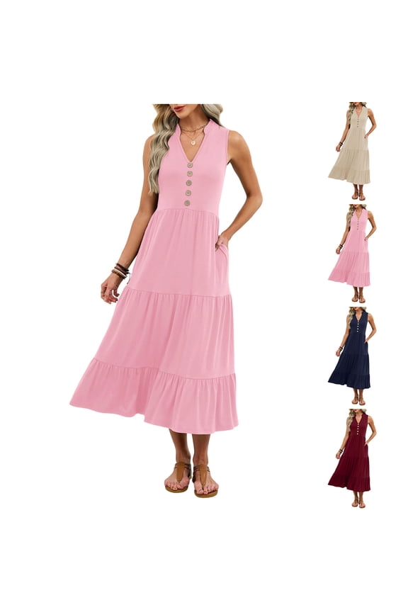 Womens Summer Casual Maxi Dresses Sleeveless V-Neck Button Boho Dress Ruffle Tiered Beach Vacation A Line Flowy Dresses with Pockets Wine,XXL
