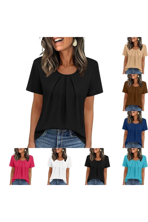 Womens Summer Tunic Tops Casual Short Sleeve T Shirts Pleated Crewneck Blouses Slim Fit Solid Color Going Out Tee Shirt Blue,XL