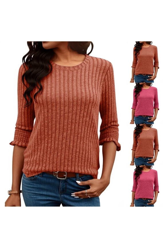 Womens Sweaters 3/4 Sleeve Business Casual Blouses Dressy Work Tunic Tops 2026 Crewneck Trendy Comfy Spring Sweater Watermelon Red,XL