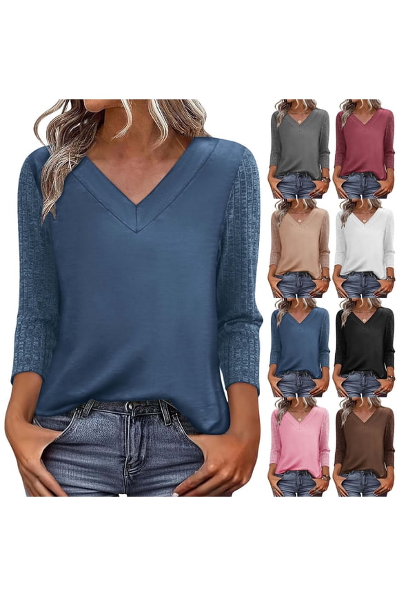 Womens Tops 3/4 Sleeve Dressy Casual Patchwork Sleeve Shirts Loose Fit V Neck Spring Fall Fahion Sweaters Comfy Travel Tunic Blouse Purple,M