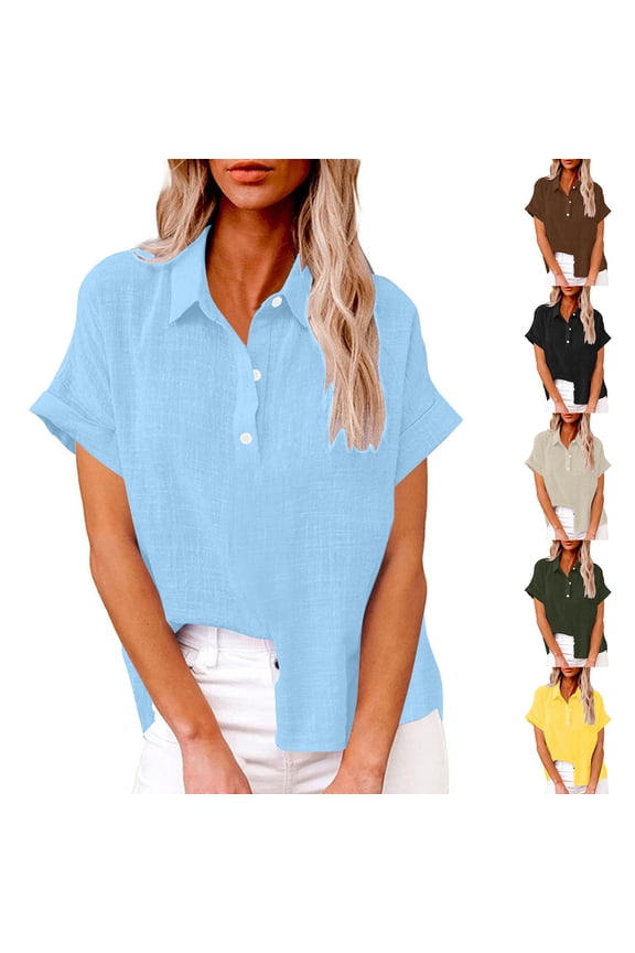 Womens Tops Plus Size Short Sleeve Linen Shirts Button Down Casual Blouses V Neck Summer Gauze Tops 2026 Black,XXXXL