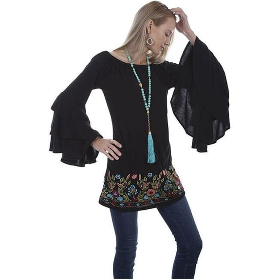 scully hc462-blk-xl embroidered tunic with ruffle sleeves, black - extra large