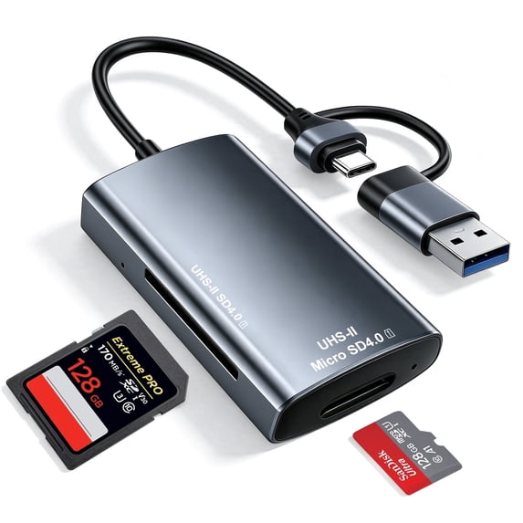 Gopgoy 2-in-1 SD Card Reader, SD 4.0 /Micro SD 4.0 Memory Card Adapter USB C & USB 3.0 Simultaneous Read/Write, SD Card Reader for iPhone 15/16/17, MacBook Pro, Laptop, PC