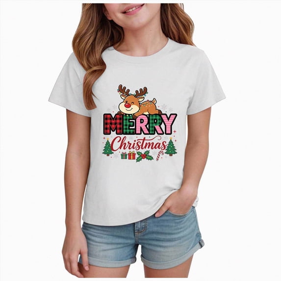sdbrld 12 18 24 Months Baby Girls Xams Shirt for 1T 2T Toddler Crew Neck Short Sleeve Christmas‑themed Casual Holiday Cute Tee Tops White Sizes 1-2 Years