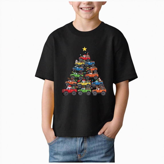 sdbrld Boys Christmas Short Sleeve Graphic Crewneck T-Shirt for Kids Holiday Black Sizes 9-10 Years