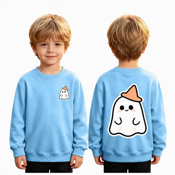 sdbrld Boys Halloween Ghost Print Shirt Trick or Treat Long Sleeve T-Shirt Boo Tee Top Kids Winter Clothes Sky Blue Sizes 5-6 Years