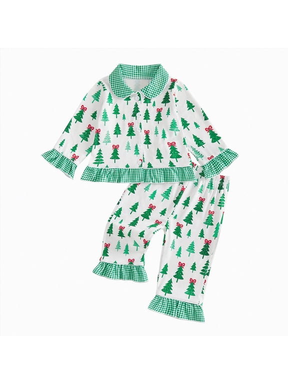 Christmas Matching Pajamas for Girls Kids Button Down Long Sleeve Shirt & Pants PJs 2 Piece Sizes 6-12 Months