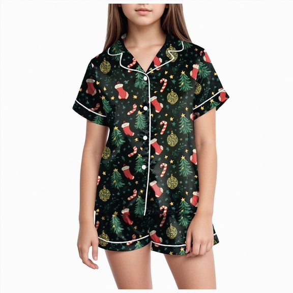 sdbrld Christmas Pajamas for Kids Girls 2 Piece Cute Graphic Pjs Button Down Short Sleeve Top and Shorts Holiday Home Loungewear Sizes 8-9 Years