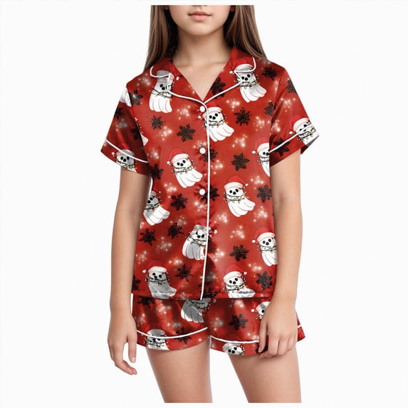 sdbrld Christmas Pjs for Kids Girls Pajamas Cute Short Sleeve Button Down Shirt and Shorts 2Pcs Matching Set Sizes 10-11 Years