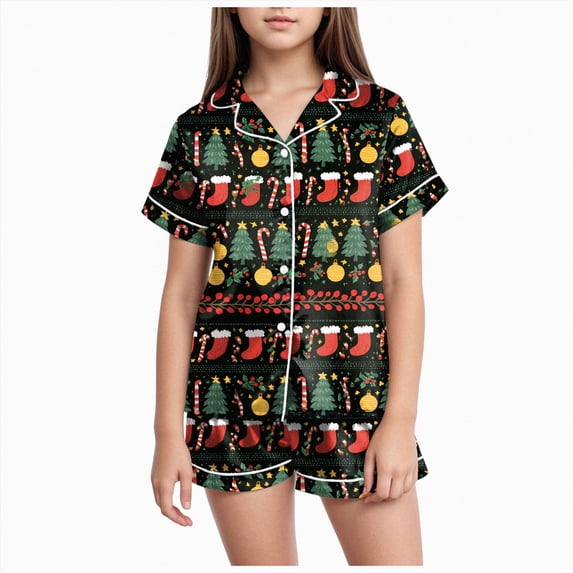 sdbrld Christmas Pjs for Kids Girls Pajamas Cute Short Sleeve Button Down Shirt and Shorts 2Pcs Matching Set Sizes 12-13 Years