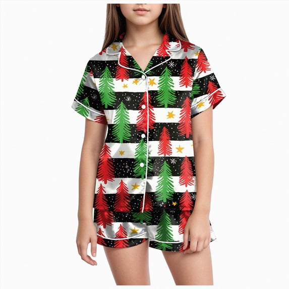 sdbrld Christmas Pjs for Kids Girls Pajamas Cute Short Sleeve Button Down Shirt and Shorts 2Pcs Matching Set Sizes 8-9 Years