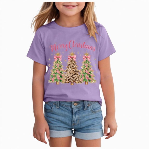 sdbrld Christmas Shirts for Kids Girl Xmas Cute Graphic Tshirts Cartoon Short Sleeved Tee Tops Purple Sizes 2-3 Years