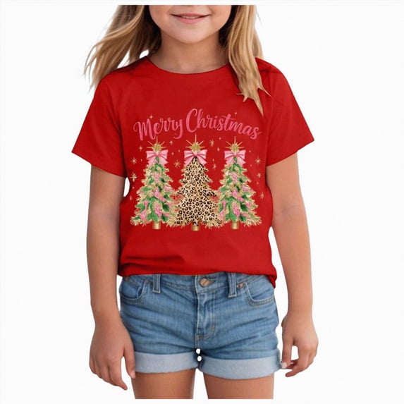 sdbrld Christmas Shirts for Kids Girl Xmas Cute Graphic Tshirts Cartoon Short Sleeved Tee Tops Red Sizes 9-10 Years