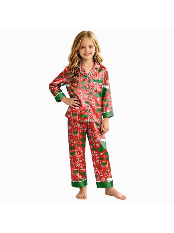 Christmas Silk Pajamas for Kids Girls 2 Piece Cute Graphic Pjs Fall Winter Button Down Long Sleeve Top and Pants Holiday Home Loungewear Sizes 7-8 Years