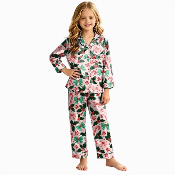 sdbrld Christmas Silk Pajamas for Kids Tween Girls 2 Piece Cute Graphic Pjs Fall Winter Button Down Long Sleeve Top and Pants Holiday Home Loungewear Sizes 11-12 Years