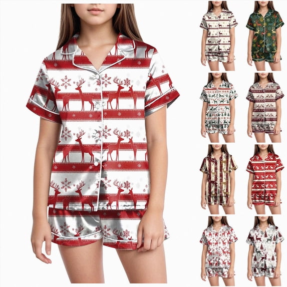 sdbrld Girls Christmas Pajamas Button Up Top & Shorts Matching Pjs Set Kids Sleepwear Set Xmas Gift for Children Sizes 8-9 Years