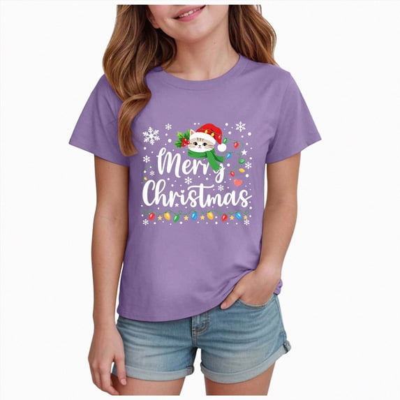 sdbrld Girls Christmas Shirt Kids Graphic T-Shirt Funny Xmas Holiday Tee Tops Fall Purple Sizes 7-8 Years