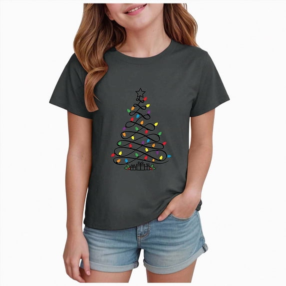 sdbrld Girls Christmas Shirt for Kids Crew Neck Short Sleeve Christmas‑themed Casual Holiday Tee Tops Grey Sizes 3-4 Years