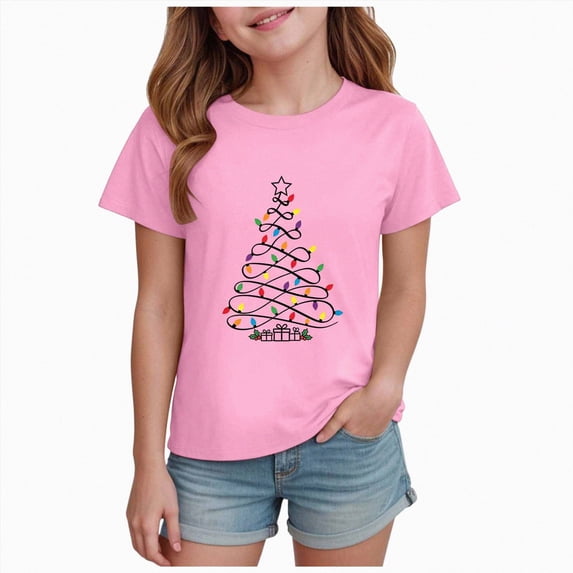 sdbrld Girls Christmas Shirt for Kids Crew Neck Short Sleeve Christmas‑themed Casual Holiday Tee Tops Pink Sizes 5-6 Years