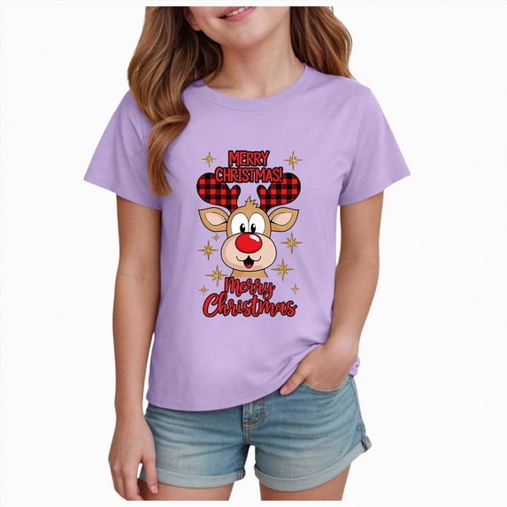 sdbrld Girls Christmas Shirts Kids Short Sleeve Xmas Ugly Graphic Tees Gift for Children Purple Sizes 2-3 Years