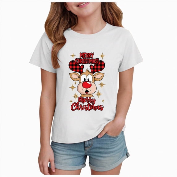 sdbrld Girls Christmas Shirts Kids Short Sleeve Xmas Ugly Graphic Tees Gift for Children White Sizes 11-12 Years