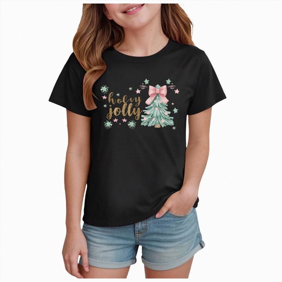 sdbrld Girls Christmas Shirts Short Sleeve Crew Neck Graphic Tees Holiday Tops Toddler to Big Kid Black Sizes 13-14 Years