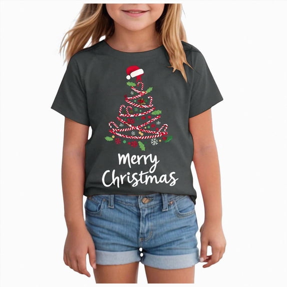 sdbrld Girls Christmas Shirts for Kids Cute Graphic Short Sleeve Holiday Tee Tops Grey Sizes 3-4 Years