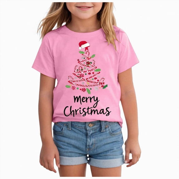 sdbrld Girls Christmas Shirts for Kids Cute Graphic Short Sleeve Holiday Tee Tops Pink Sizes 9-10 Years