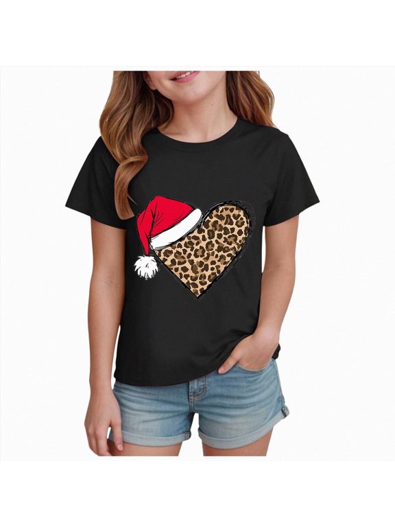 Girls Christmas Shirts for Kids Cute Short Sleeve Xmas Holiday Graphics Tee Tops Sizes 7-8 Years