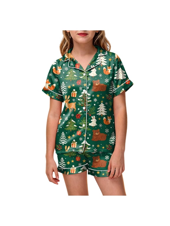 Girls Silk Christmas Pajama, 2T 3T 24M Toddler 2Pcs Soft Satin Button Down Pjs Short Sleeve Sleepwear and Shorts Matching Set Sizes 2-3 Years