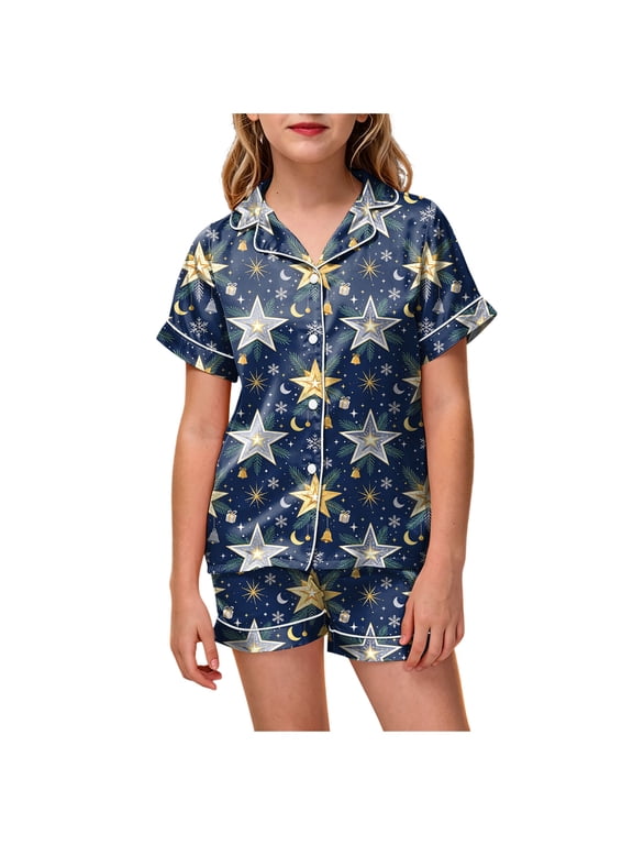 Girls Silk Christmas Pajama, Kids 2Pcs Soft Satin Button Down Pjs Short Sleeve Sleepwear and Shorts Matching Set Sizes 12-13 Years