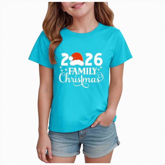 sdbrld Girls' Tees Tops, Kids Christmas Gifts Short Sleeve Graphic Shirts Holiday Clothes Blue Sizes 7-8 Years