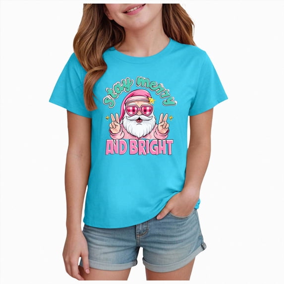 sdbrld Girls' Tees Tops, Kids Christmas Gifts Short Sleeved Cute Graphic Shirts for Holiday Clothing Sky Blue Sizes 7-8 Years