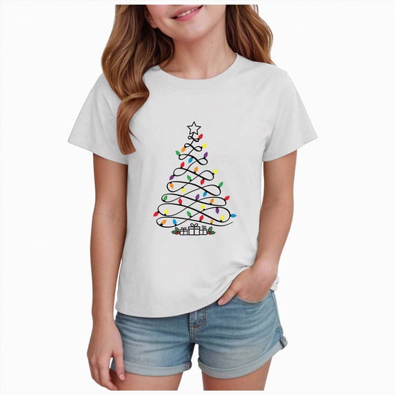 sdbrld Girls Xams Shirt for 2T 3T Toddler Kids Crew Neck Short Sleeve Christmas‑themed Casual Holiday Cute Tee Tops White Sizes 2-3 Years