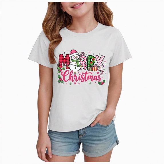 sdbrld Girls Xams Shirt for Kids Crew Neck Short Sleeve Christmas‑themed Casual Holiday Cute Tee Tops White Sizes 9-10 Years