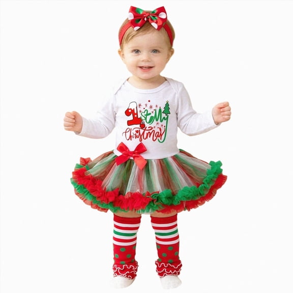 sdbrld Infant Baby Girl Christmas Photoshoot Outfit Long Sleeve Ruffle Romper Skirt with Warm Socks and Headband 3 Pieces Set Green Sizes 9-12 Months
