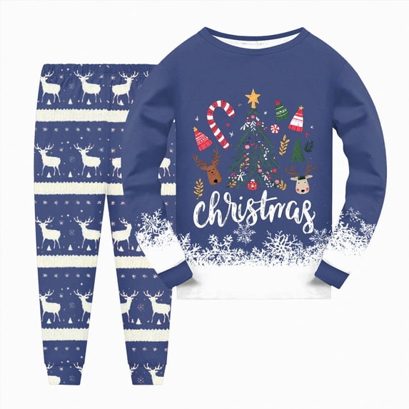 sdbrld Kids Boys Fall Winter Pajamas Christmas Long Sleeve Sleepwear Xmas Clothes and Pj's Pants 2 Piece Outfit Sets Navy Sizes 8-9 Years
