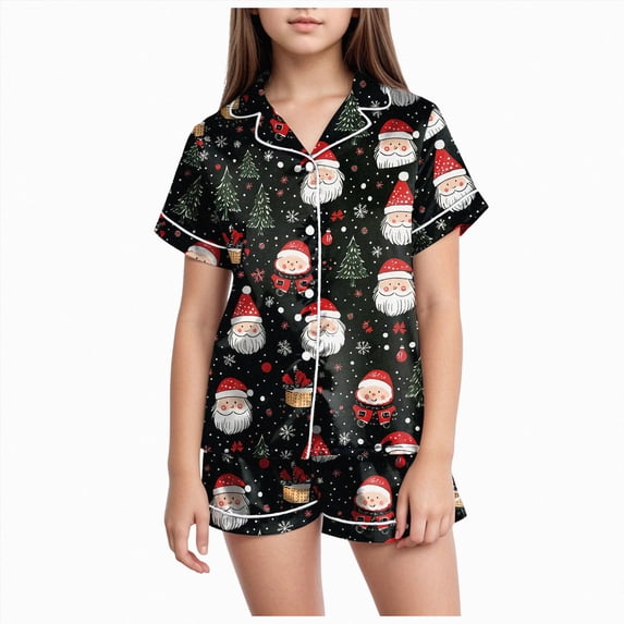sdbrld Kids Girls Christmas Pajama, 2Pcs Soft Stretch Button Down Pjs Short Sleeve Sleepwear and Shorts Matching Set Sizes 12-13 Years